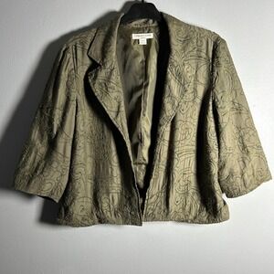 Coldwater Creek Embroidered Floral Jacket Blazer 34 Sleeve Olive Green Womens